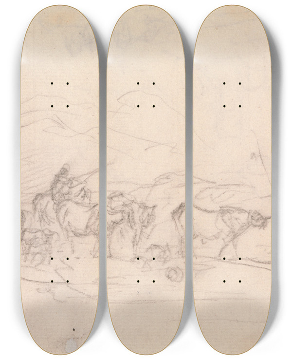 Triptych art skateboard deck of Sawrey Gilpin Study Of Cattle And Figures In A Landscape by Sawrey Gilpin (1733-1807)