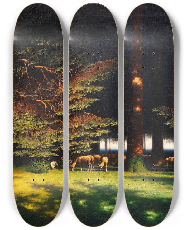 Triptych art skateboard deck of Paul Wilhelm Kellerreutlingen Grasende Schafe Auf Der Waldlichtung by Paul Wilhelm Keller-Reutlingen (1854-1920)