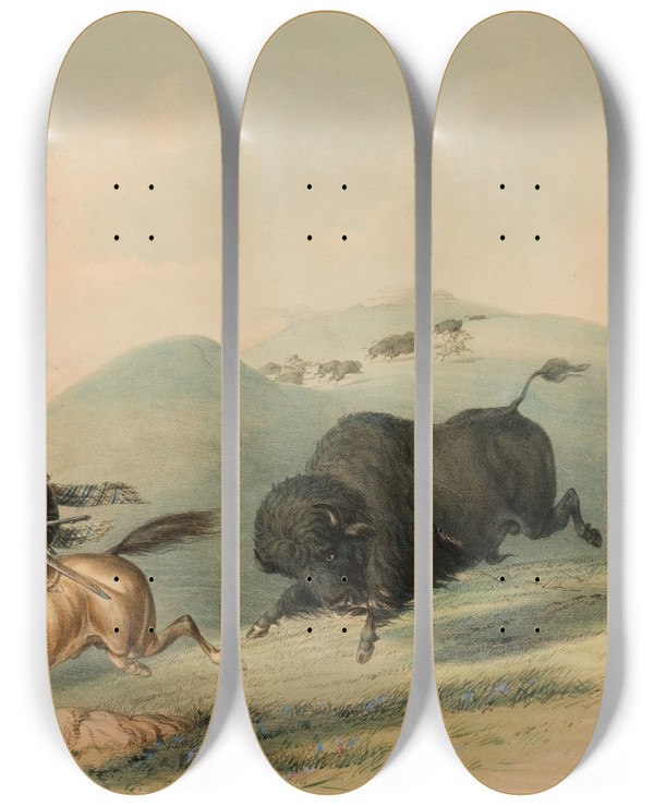 Triptych art skateboard deck of George Catlin Buffalo Hunt Chasing Back by George Catlin (1796-1872)