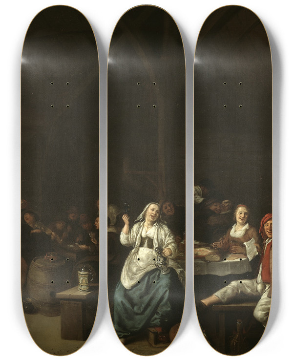 Triptych art skateboard deck of Jan Miense Molenaer Drinking Bout In An Inn by Jan Miense Molenaer (1610-1668)