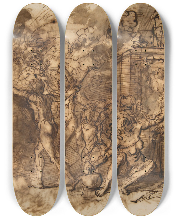 Triptych art skateboard deck of Salvator Rosa Witches Sabbath_1 by Salvator Rosa (1615-1673)