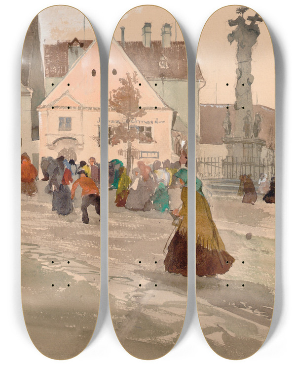 Triptych art skateboard deck of Oskar Laske Drosendorf by Oskar Laske (1874-1951)