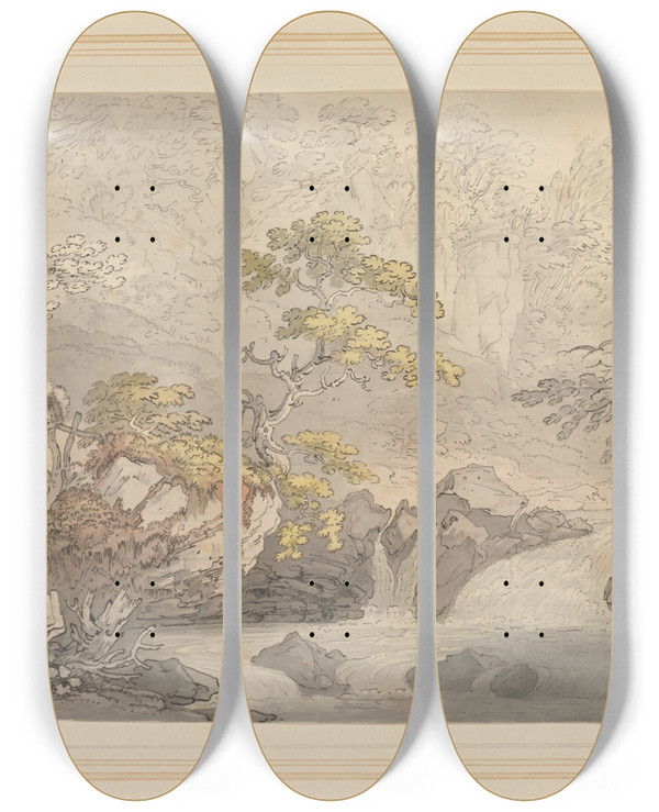 Triptych art skateboard deck of Joseph Farington View Of Nunery In Cumberland by Joseph Farington (1747-1821)