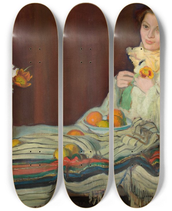 Triptych art skateboard deck of Ignacy Piekowski Portrait Of Wife At The Table by Ignacy Pienkowski (1877-1948)