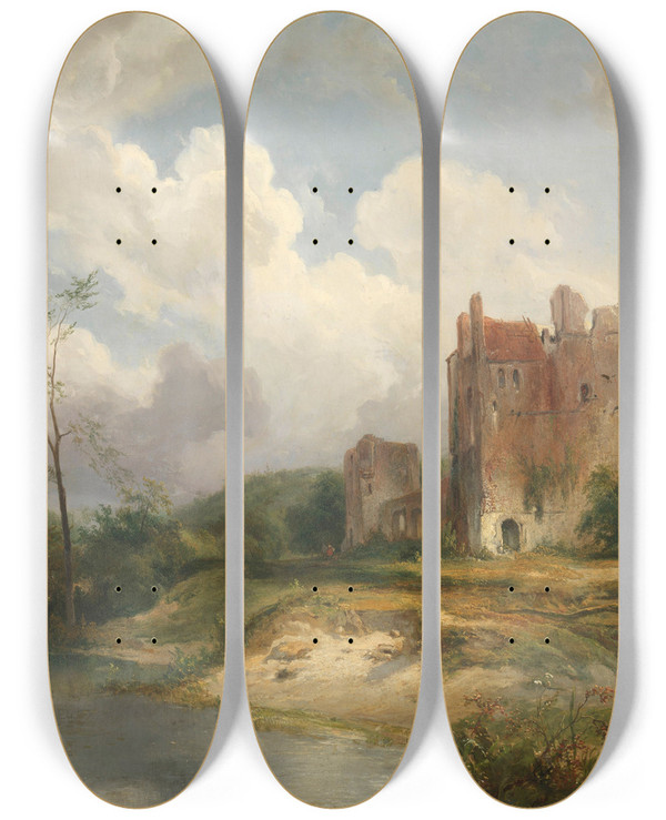 Triptych art skateboard deck of Wijnand Nuijen River Landscape With Ruin by Wijnand Nuijen (1813-1839)