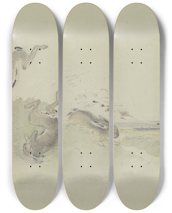 Triptych art skateboard deck of Friedrich Wilhelm Keyl Drei Hasen Erschrecken Vor Der Eisenbahn by Friedrich Wilhelm Keyl (1823-1871)