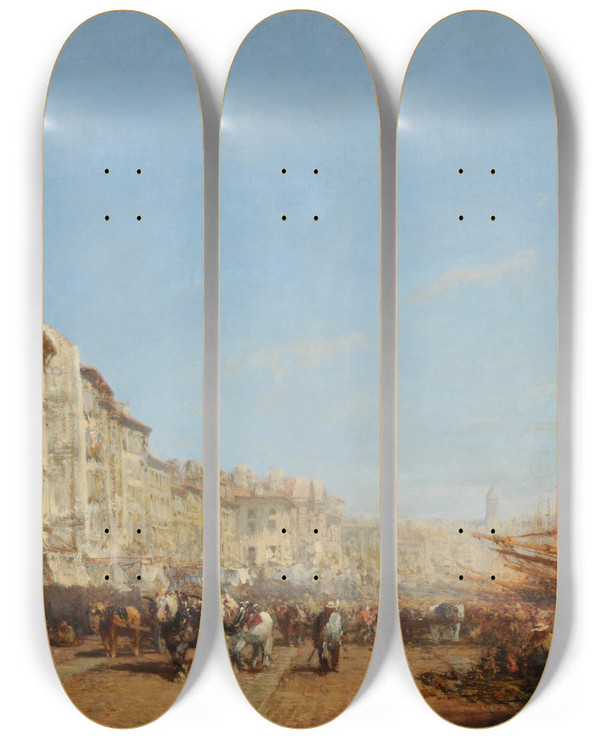Triptych art skateboard deck of Flix Ziem Marseille Le Vieux Port by Felix Ziem (1821-1911)