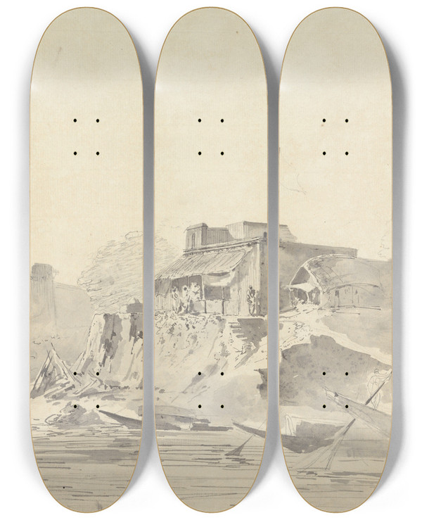 Triptych art skateboard deck of Samuel Davis River Scene With Native Buildings by Samuel Davis (1757-1819)