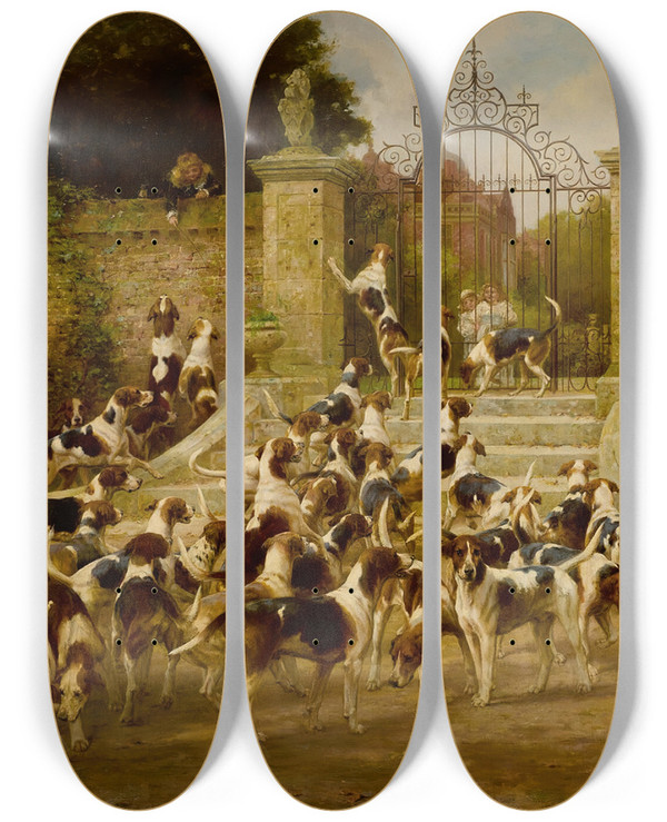 Triptych art skateboard deck of Thomas Blinks The Sanctuary by Thomas Blinks (1853-1912)