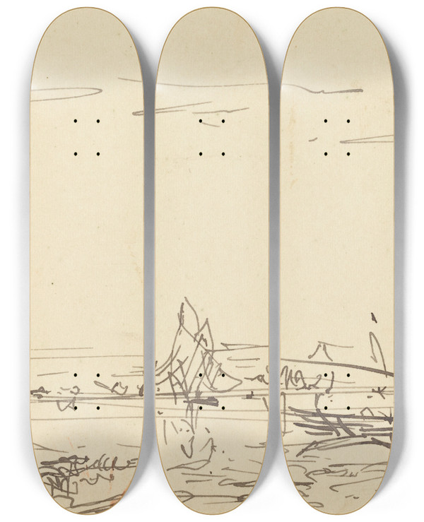 Triptych art skateboard deck of Flix Ziem A Cove With A Sailboat by Felix Ziem (1821-1911)