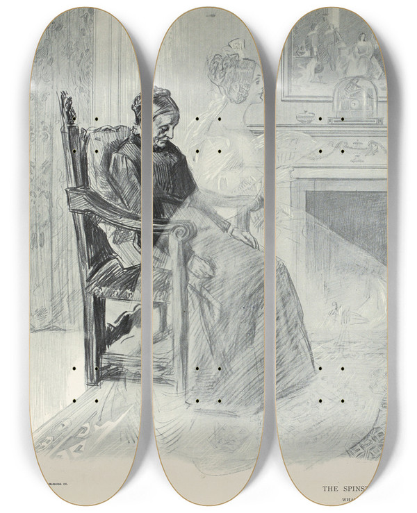 Triptych art skateboard deck of Charles Dana Gibson The Spinsters Revery_1 by Charles Dana Gibson (1867-1944)