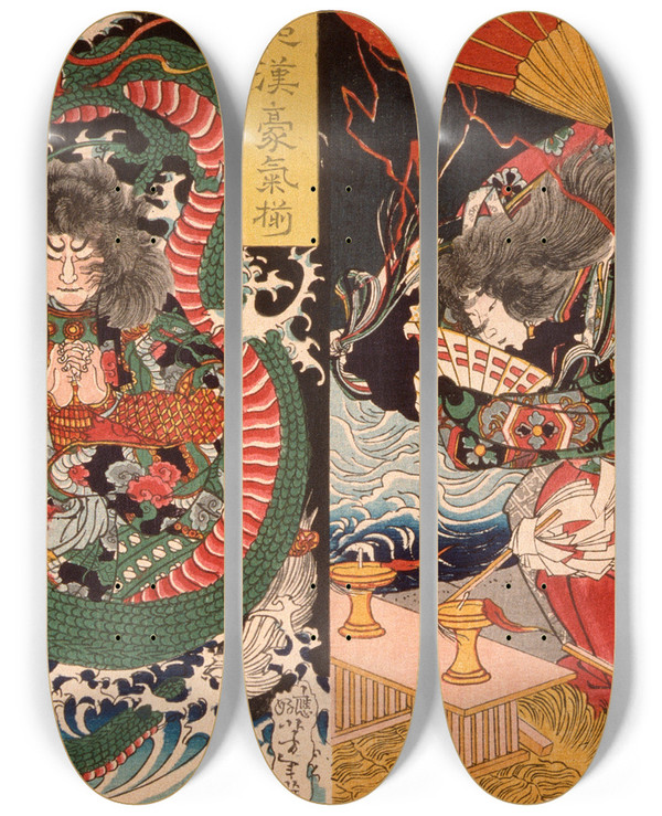 Triptych art skateboard deck of Tsukioka Yoshitoshi Tawaraya Tda And A Dragon Ono No Komachi Praying For Rain by Tsukioka Yoshitoshi (1839-1892)