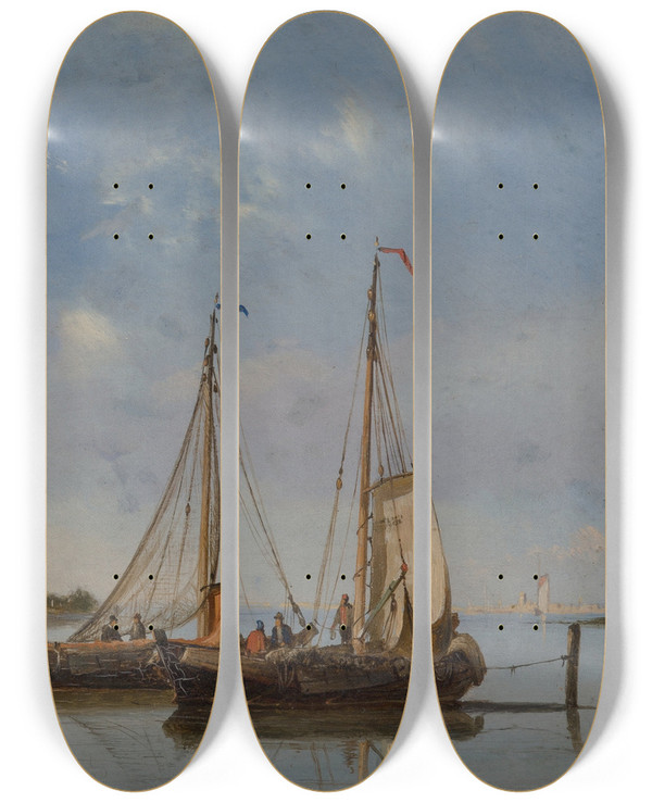 Triptych art skateboard deck of Petrus Paulus Schiedges Moored Fishing Boats With Windmills In The Background by Petrus Paulus Schiedges (1813-1876)