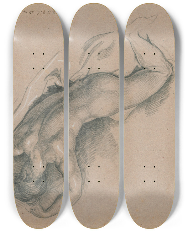 Triptych art skateboard deck of David Humbert De Superville Half Liggend Vrouwelijk Naakt Rugfiguur by David Humbert De Superville (1770-1849)