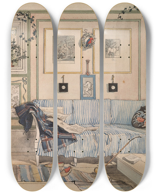 Triptych art skateboard deck of Carl Larsson Cosy Corner by Carl Larsson (1853-1919)