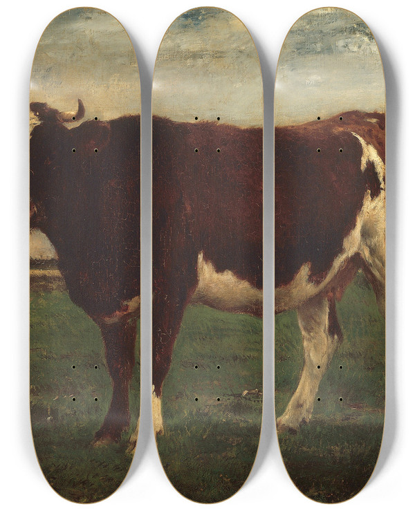 Triptych art skateboard deck of Emile Van Marcke De Lummen Study Of A Cow by Emile van Marcke de Lummen (1827-1890)