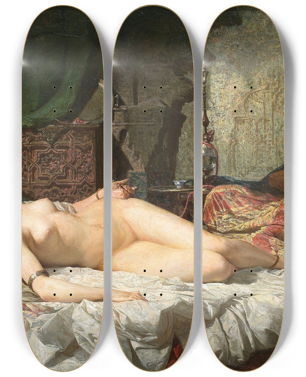 Triptych art skateboard deck of Mariano Fortuny Marsal The Odalisque by Mariano Fortuny Marsal (1838-1874)