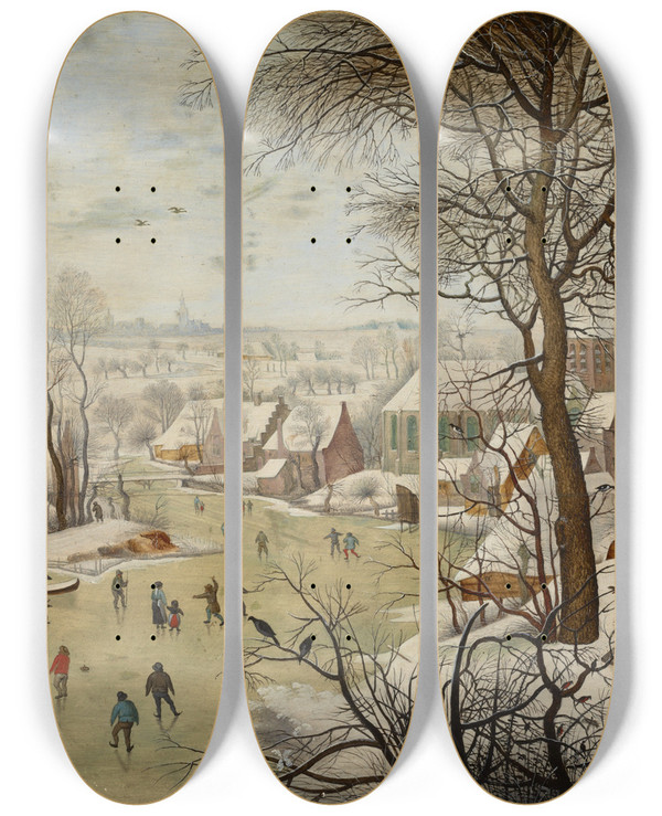 Triptych art skateboard deck of Pieter Brueghel The Younger Winterlandscape With A Birdtrap by Pieter Brueghel The Younger (1565-1636)