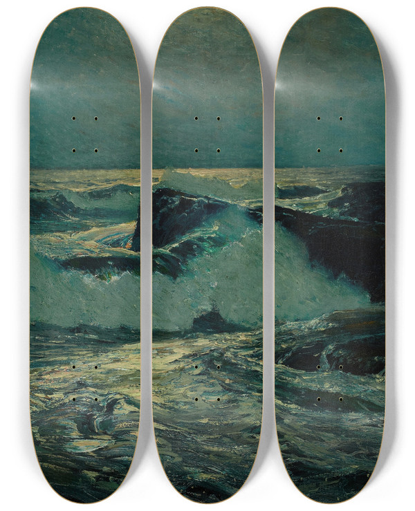 Triptych art skateboard deck of Frederick Judd Waugh Early Moonrise by Frederick Judd Waugh (1861-1940)