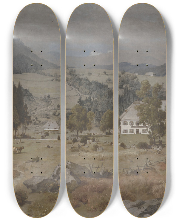 Triptych art skateboard deck of Emil Lugo Erlenbruck Near Hinterzarten by Emil Lugo (1840-1902)