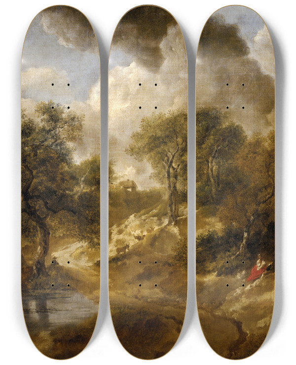Triptych art skateboard deck of Thomas Gainsborough Landscape In Suffolk by Thomas Gainsborough (1727-1788)