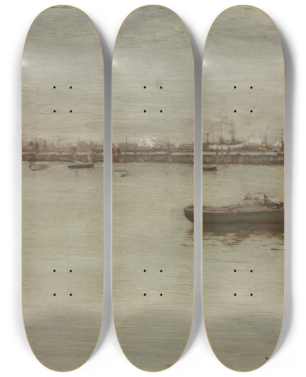 Triptych art skateboard deck of William Merritt Chase Gray Day On The Bay by William Merritt Chase (1849-1916)