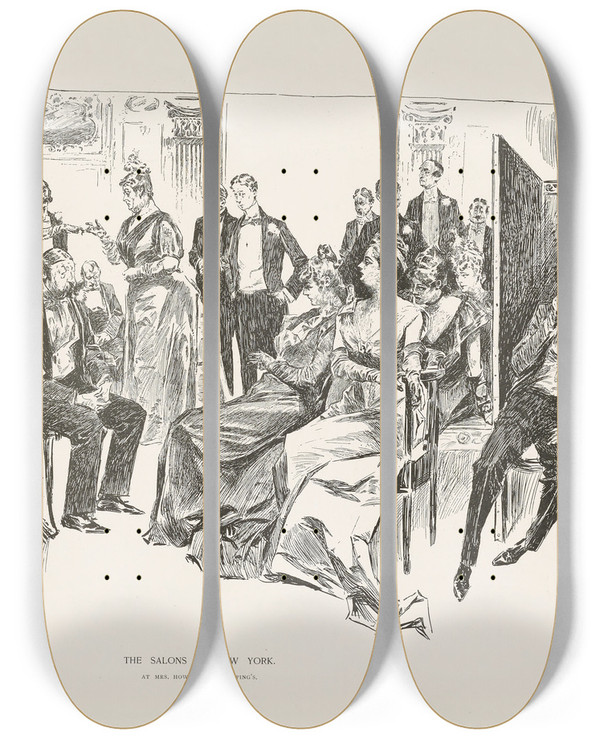 Triptych art skateboard deck of Charles Dana Gibson The Salons Of New York At Mrs Howard Van Toppings by Charles Dana Gibson (1867-1944)