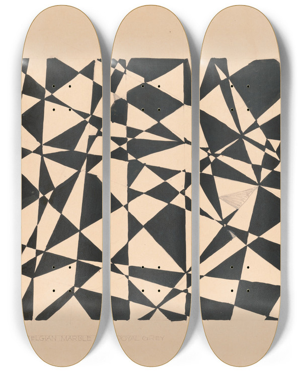 Triptych art skateboard deck of Winold Reiss Design For Unidentified Floor Black Belgian Marble And Royal Grey Drawing With Abstract Pattern by Winold Reiss (1886-1953)