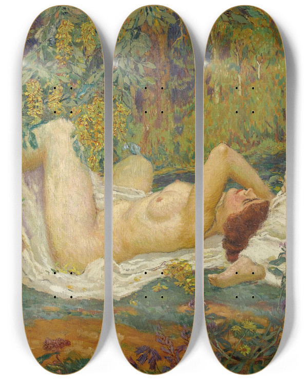 Triptych art skateboard deck of Karel Pillar Jeunes Femmes Au Jardin by Karel Spillar (1871-1939)