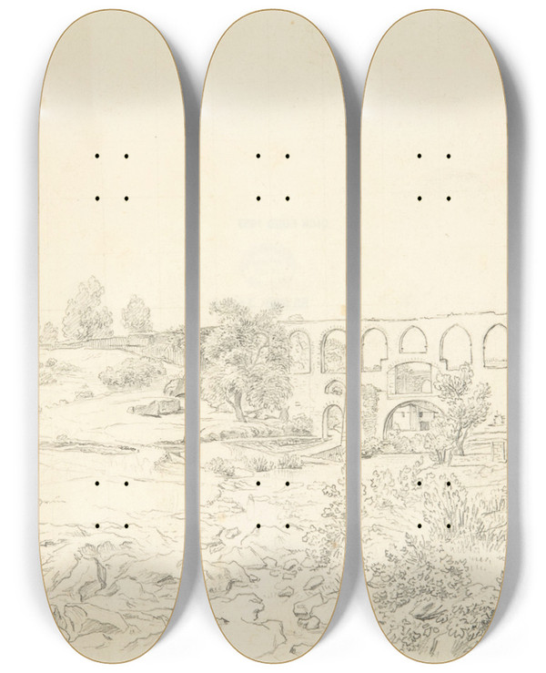 Triptych art skateboard deck of Franz Von Hauslab The Younger Landscape With Acquaduct Near Smyrna by Franz von Hauslab the Younger (1798-1883)