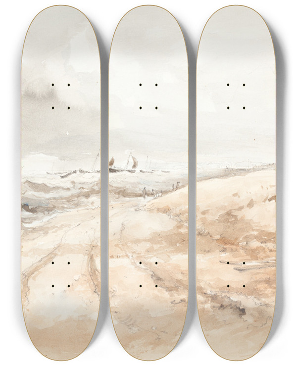 Triptych art skateboard deck of British 19Th Century Shore Scene With Boats In Choppy Water by British 19Th Century (19-)