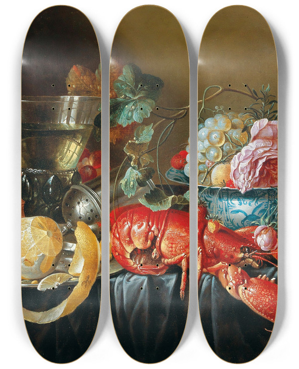 Triptych art skateboard deck of Cornelis Mahu A Still Life With Fruit And A Boiled Lobster by Cornelis Mahu (1613-1689)