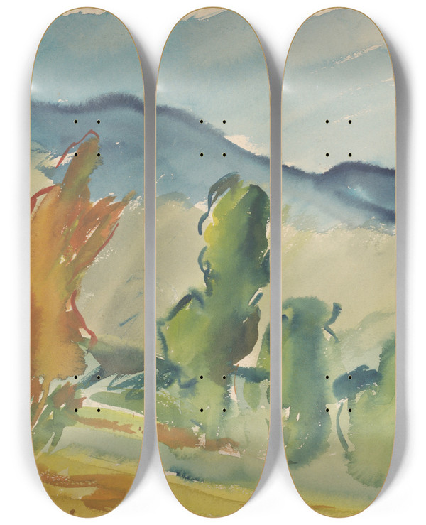 Triptych art skateboard deck of Zolo Palugyay Landscape Below The Mountains by Zolo Palugyay (1898-1935)