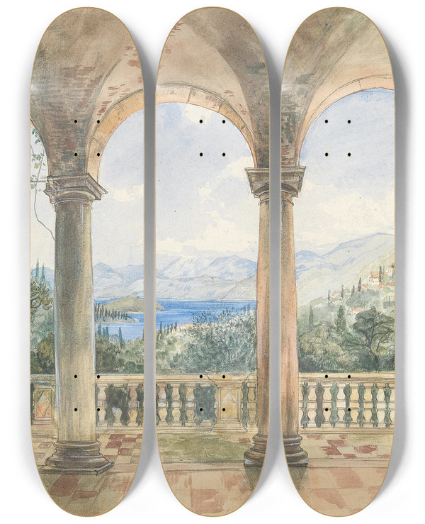 Triptych art skateboard deck of Anton Perko A View From A Loggia by Anton Perko (1833-1905)