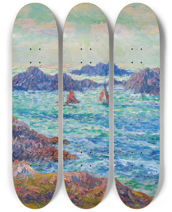 Triptych art skateboard deck of Henry Moret Lanse Des Pilotes Ouessant by Henry Moret (1856-1913)