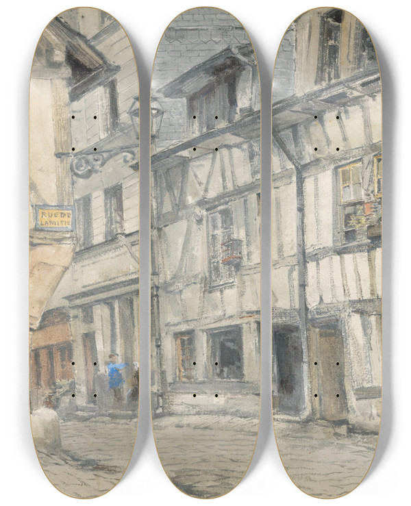 Triptych art skateboard deck of Jules Lessore View Of The Rue De Lamitie by Jules Lessore