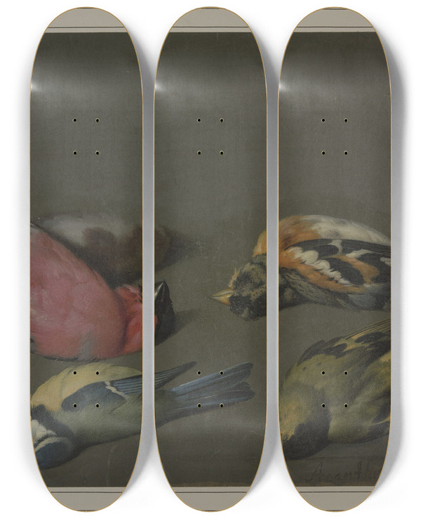 Triptych art skateboard deck of Philipp Ferdinand De Hamilton Five Dead Birds by Philipp Ferdinand De Hamilton (1664-1750)