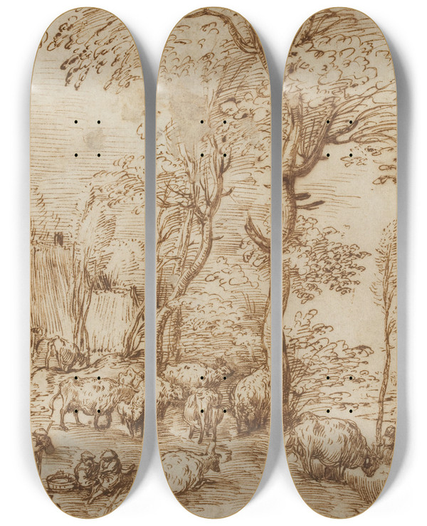 Triptych art skateboard deck of Pieter Bruegel The Elder Peasants And Cattle Near A Farmhouse by Pieter Bruegel The Elder (1525-1569)
