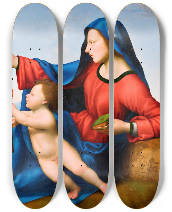 Triptych art skateboard deck of Giuliano Bugiardini Madonna And Child With The Young St John The Baptist by Giuliano Bugiardini (1475-1554)