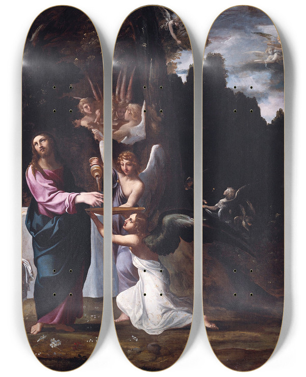 Triptych art skateboard deck of Ludovico Carracci Christ In The Wilderness Served By Angels by Ludovico Carracci (1555-1619)