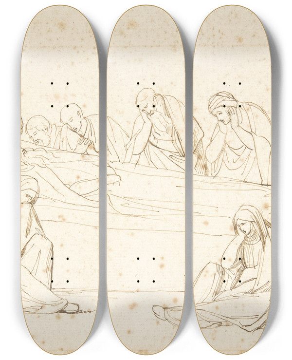 Triptych art skateboard deck of George Romney Mourning Figures by George Romney (1734-1802)