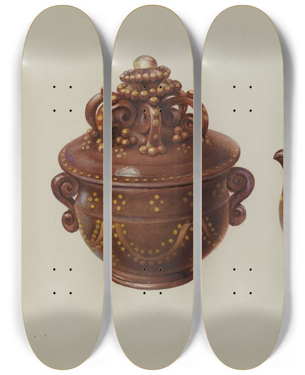 Triptych art skateboard deck of William L Antrim Pa German Sugar Bowl And Creamer by William L Antrim