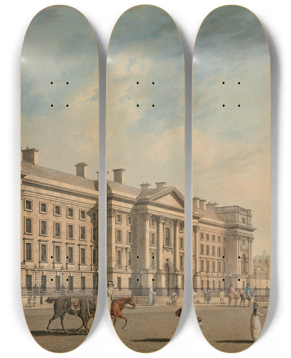 Triptych art skateboard deck of James Malton Trinity College College Green Dublin by James Malton (1761-1803)