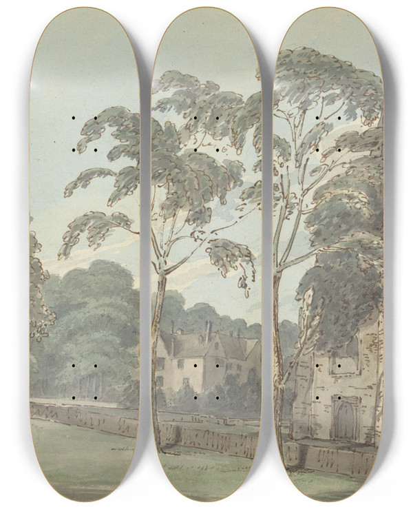Triptych art skateboard deck of Joseph Farington A Church At Stanstead by Joseph Farington (1747-1821)
