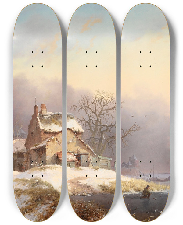 Triptych art skateboard deck of Frederik Marinus Kruseman Villagers By A Frozen River by Frederik Marinus Kruseman (1816-1882)