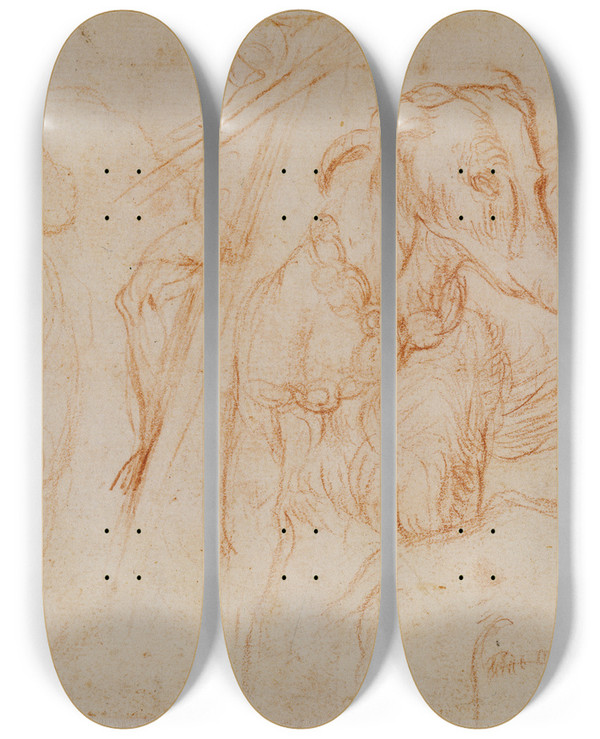 Triptych art skateboard deck of Parmigianino Studies Of The Christ Child A Crucifix And A Dog by Parmigianino (1503-1540)
