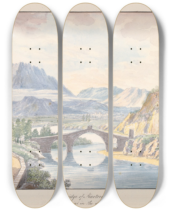 Triptych art skateboard deck of Charles Hamilton Smith Bridge Of Martorelle by Charles Hamilton Smith (1776-1859)