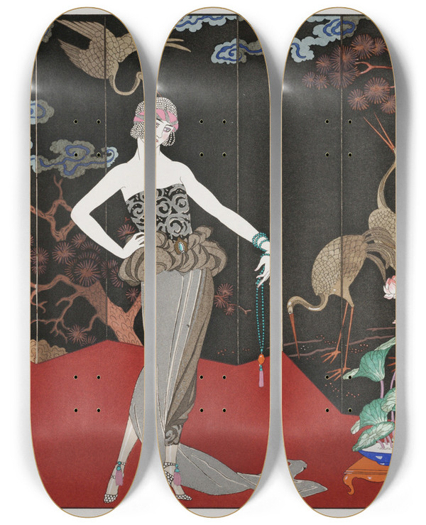 Triptych art skateboard deck of George Barbier Le Gout Des Laque by George Barbier (1882-1932)