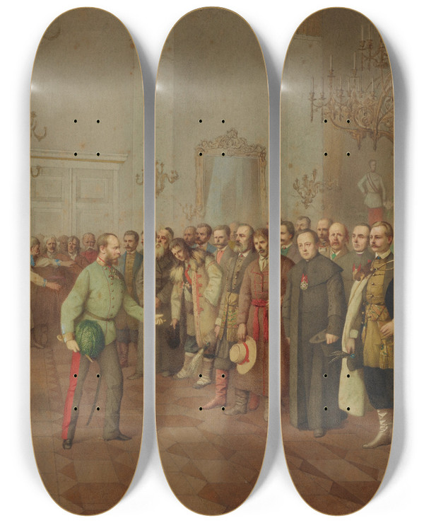 Triptych art skateboard deck of Franciszek Tepa The Emperor Welcoming Polish And Ukrainian Delegation In Lviv by Franciszek Tepa (1829-1889)