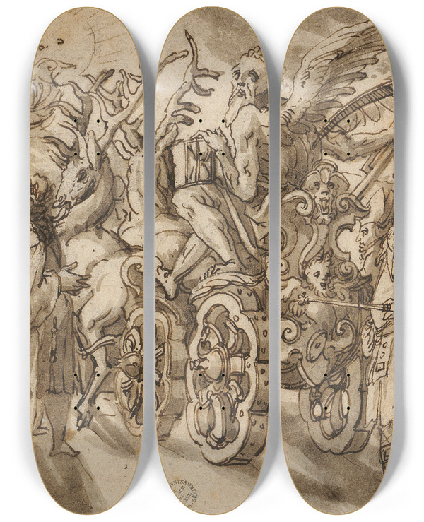 Triptych art skateboard deck of Christoph Murer Triumph Of Time by Christoph Murer (1558-1614)